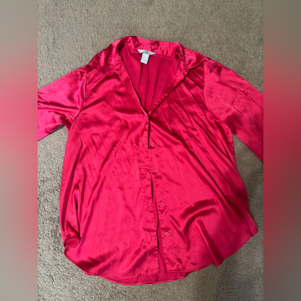 Fuschia / Magenta satin long sleeve button down